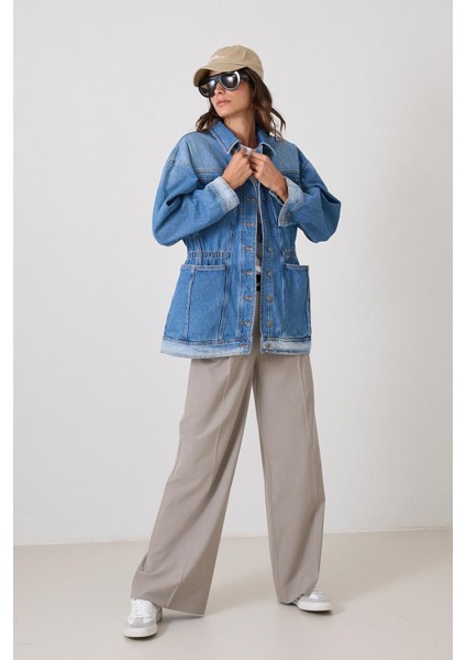 Mavi Belden Büzgü ve Oturtmalı Cep Detaylı Kot Ceket fiyatları