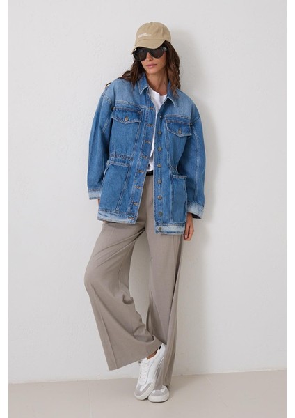 Mavi Belden Büzgü ve Oturtmalı Cep Detaylı Kot Ceket modelleri