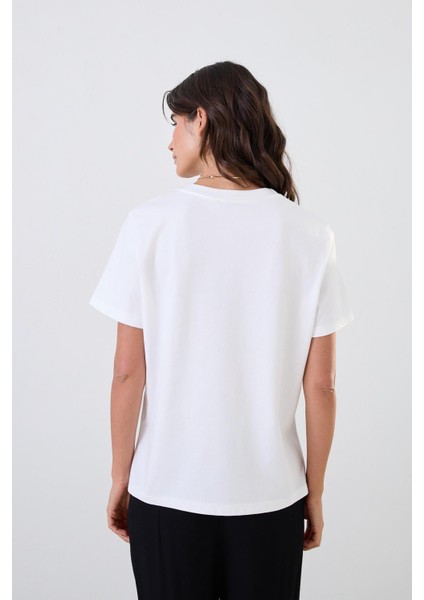 Ekru Basic Bisiklet Yaka T-Shirt