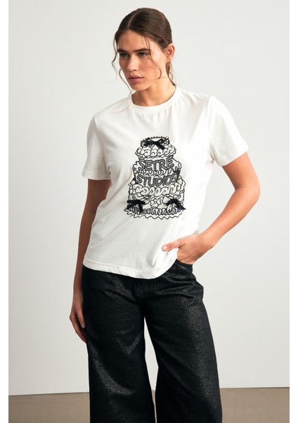 Ekru Pamuklu Inci ve Fiyonk Detaylı Bisiklet Yaka Kısa Kollu T-Shirt fiyatları