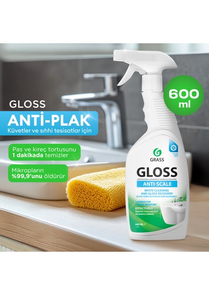 Gloss Pas & Kireç Sökücü Sprey 600ml - Banyo, Mutfak, Jakuzi ve Havuz için Profesyonel Çok Amaçlı Temizleyici | Kireç, Pas, Sabun Lekelerini Anında Çözer | Leke Bırakmaz | Klor ve Alkali İçermez
