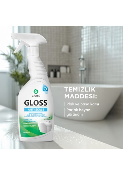 Gloss Pas & Kireç Sökücü Sprey 600ml - Banyo, Mutfak, Jakuzi ve Havuz için Profesyonel Çok Amaçlı Temizleyici | Kireç, Pas, Sabun Lekelerini Anında Çözer | Leke Bırakmaz | Klor ve Alkali İçermez