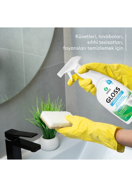 Gloss Pas & Kireç Sökücü Sprey 600ml - Banyo, Mutfak, Jakuzi ve Havuz için Profesyonel Çok Amaçlı Temizleyici | Kireç, Pas, Sabun Lekelerini Anında Çözer | Leke Bırakmaz | Klor ve Alkali İçermez