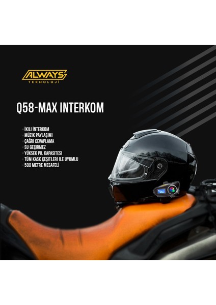 Always Q58 Max 500M Telsiz Mesafeli Motosiklet Kaskı Interkom Çift Sürücü Iletişimi Mp3 Fm Radyo modelleri