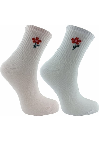 Çiçek Desenli Kolej Çorap 2 Çift Beyaz-Pembe