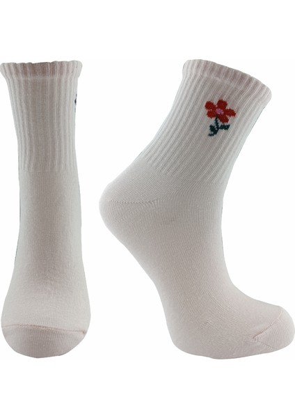 Çiçek Desenli Kolej Çorap 2 Çift Beyaz-Pembe modelleri