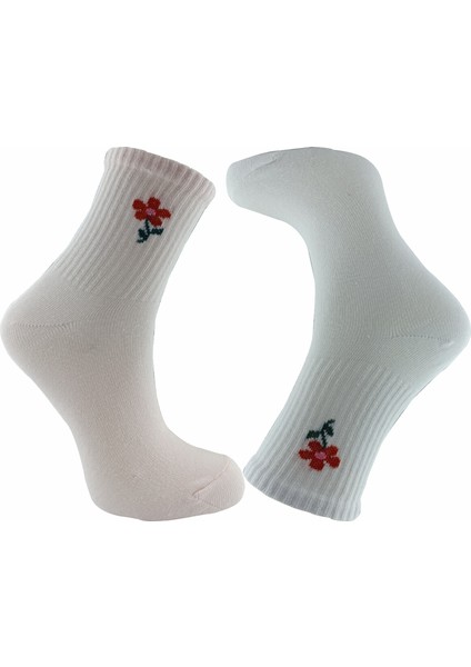 Çiçek Desenli Kolej Çorap 2 Çift Beyaz-Pembe fırsatları
