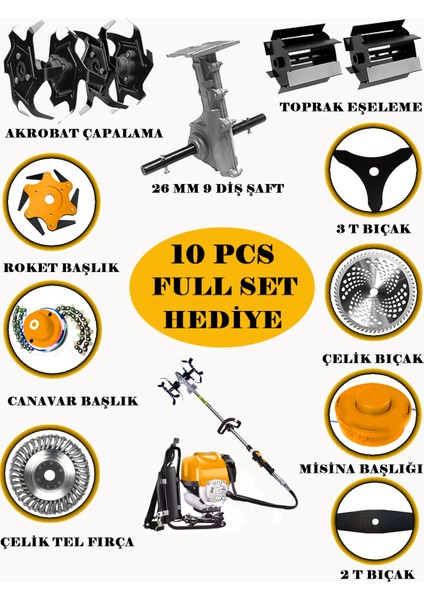 German 10 İN 1 Gtx Series Sırt Tipi Tırpan Benzinli Motorlu Çim Ot Çalı Biçme Makinesi Full Aparatlı