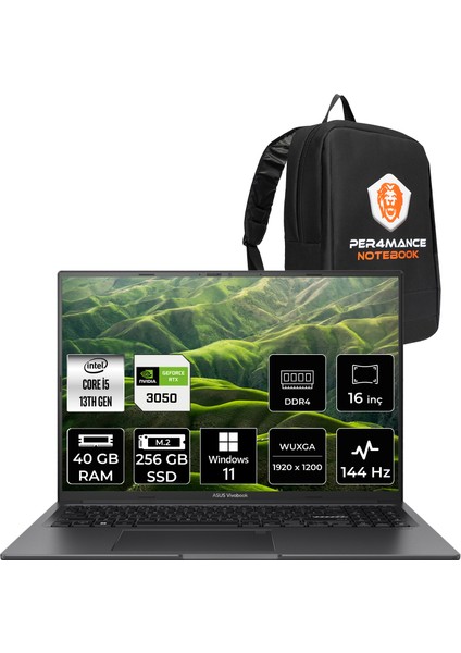 Vivobook 16X Intel Core I5 13420H 40GB 256GB SSD RTX3050/4GB 16" Fhd+ 144Hz Windows 11 Home Taşınabilir Bilgisayar & Per4 Çanta K3605VCRP458WP346