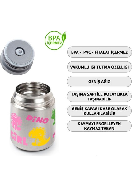 450MLKIZ Çocuk Dinazor Baskılı Bebek Mama Saklama Termosu Vakumlu Çift Taraflı Termos modelleri
