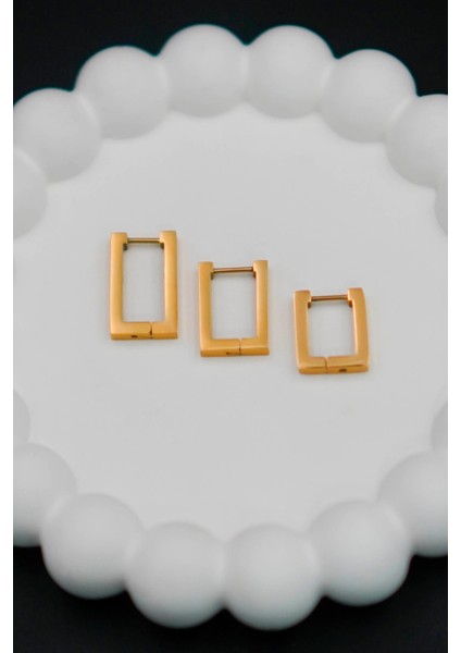 Kadın Gold Dikdörtgen Model Paslanmaz Çelik Küpe (3 Adet)