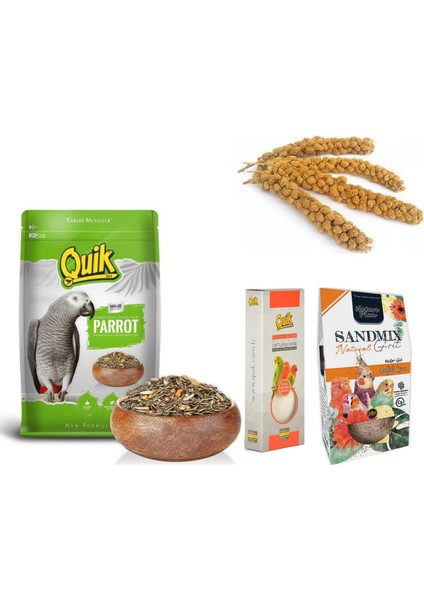 4 Lü Avantaj Paketi Quik Papağan Yemi, Quik Kalamar Kemiği, Nature Plan Kuş Kumu, 100 gr Dal Darı