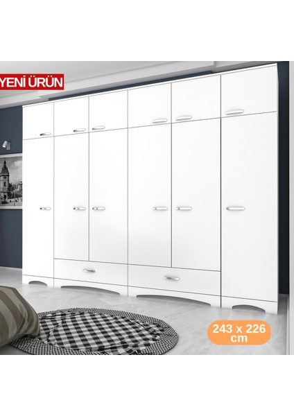 BA133 Geniş Gardırop Elbise Dolabı 12 Kapaklı 2 Çekmeceli 16 Raflı 2 Askılı Beyaz