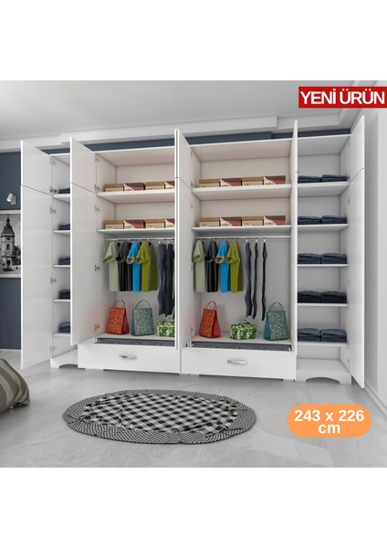 BA133 Geniş Gardırop Elbise Dolabı 12 Kapaklı 2 Çekmeceli 16 Raflı 2 Askılı Beyaz
