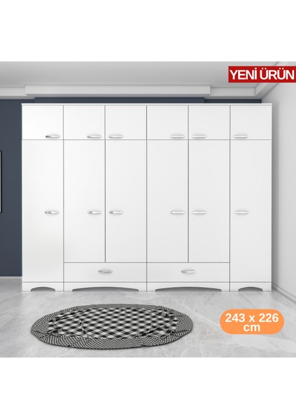 BA133 Geniş Gardırop Elbise Dolabı 12 Kapaklı 2 Çekmeceli 16 Raflı 2 Askılı Beyaz