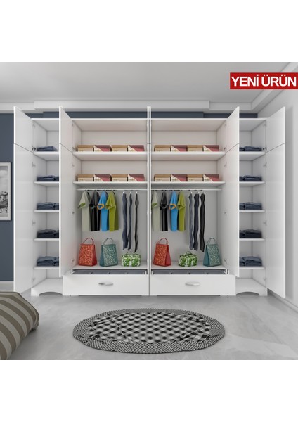 BA133 Geniş Gardırop Elbise Dolabı 12 Kapaklı 2 Çekmeceli 16 Raflı 2 Askılı Beyaz