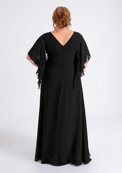 Büyük Beden Siyah Renkli Yırtmaçlı Uzun Şifon Abiye Elbise modelleri