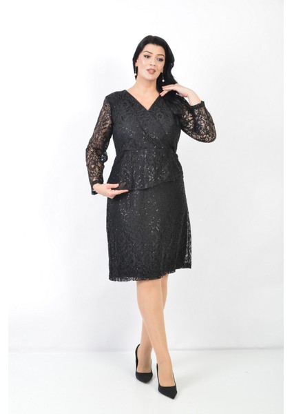 Büyük Beden Siyah Renkli Pul Payetli Dantel Kısa Abiye Elbise fiyatları