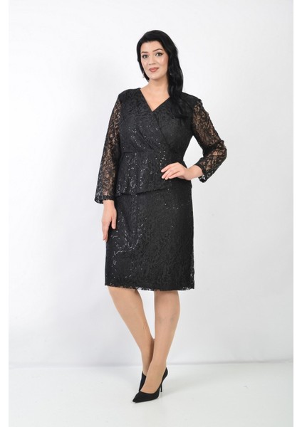 Büyük Beden Siyah Renkli Pul Payetli Dantel Kısa Abiye Elbise modelleri
