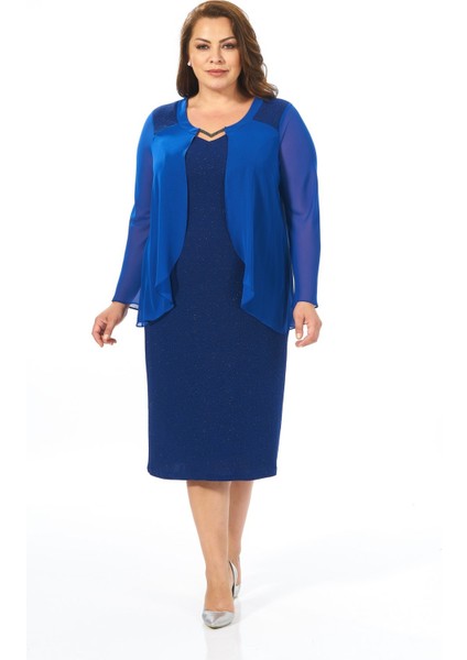 Büyük Beden Sax Renkli Likralı Simli Abiye Elbise