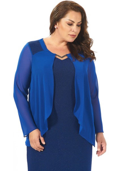 Büyük Beden Sax Renkli Likralı Simli Abiye Elbise modelleri