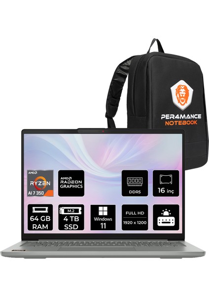 Ideapad Slim 5 Amd Ryzen Aı 7 350 64GB 4tb SSD 16" Fhd+ W11H Taşınabilir Bilgisayar & Per4 Çanta 83HY004CTRP335