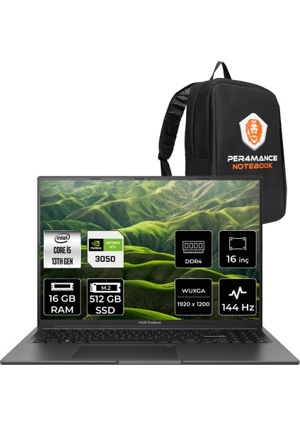 Vivobook 16X Intel Core I5 13420H 16GB 512GB SSD RTX3050/4GB 16" Fhd+ 144Hz Fdos Taşınabilir Bilgisayar & Per4 Çanta K3605VCRP458WP312