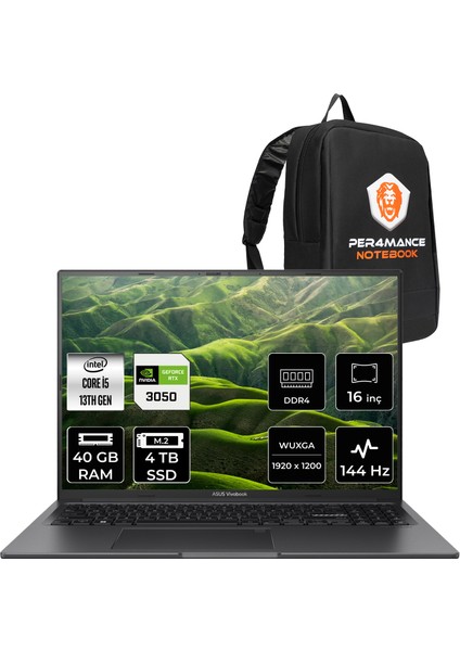 Vivobook 16X Intel Core I5 13420H 40GB 4tb SSD RTX3050/4GB 16" Fhd+ 144Hz Fdos Taşınabilir Bilgisayar & Per4 Çanta K3605VCRP458WP325