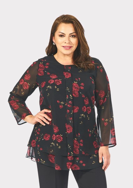 Kadın Büyük Beden Kırmızı Renkli Gül Desenli Şifon Bluz