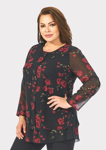 Kadın Büyük Beden Kırmızı Renkli Gül Desenli Şifon Bluz fiyatları
