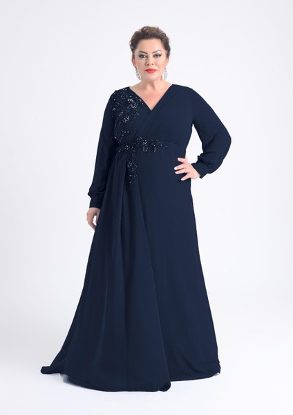 Büyük Beden Lacivert Renkli Uzun Şifon Elbise fiyatları