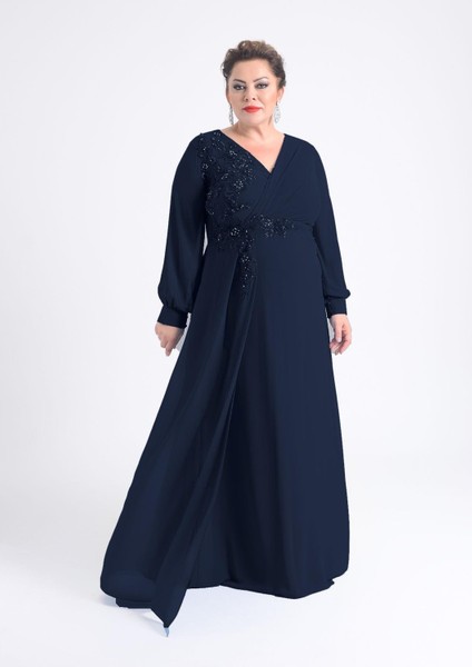 Büyük Beden Lacivert Renkli Uzun Şifon Elbise modelleri