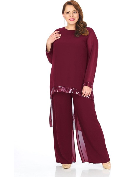 Büyük Beden Bordo Renkli Şifon Pantolon Bluz Takım