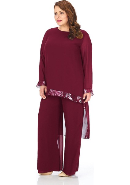Büyük Beden Bordo Renkli Şifon Pantolon Bluz Takım