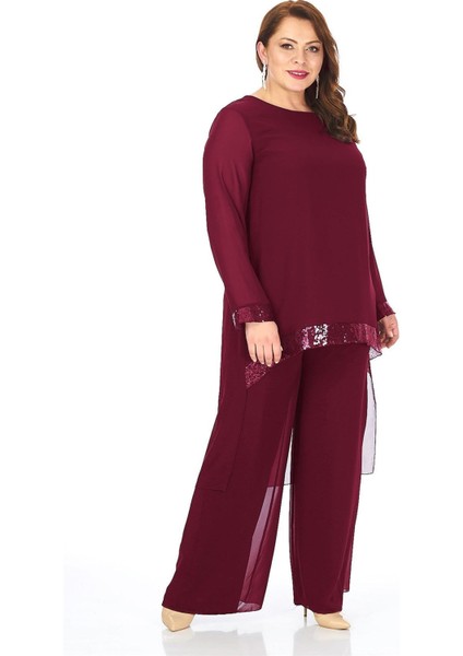 Büyük Beden Bordo Renkli Şifon Pantolon Bluz Takım