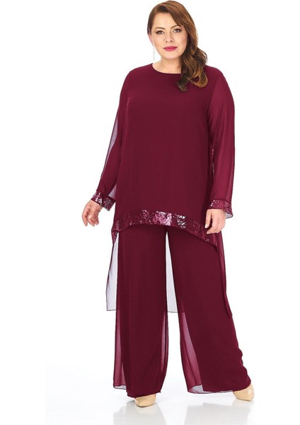 Büyük Beden Bordo Renkli Şifon Pantolon Bluz Takım