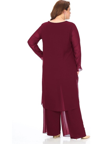 Büyük Beden Bordo Renkli Şifon Pantolon Bluz Takım