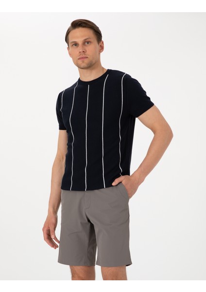 Erkek Lacivert Slim Fit Bisiklet Yaka Çizgili Triko Tişört 50307332-VR033