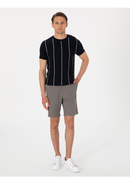 Erkek Lacivert Slim Fit Bisiklet Yaka Çizgili Triko Tişört 50307332-VR033