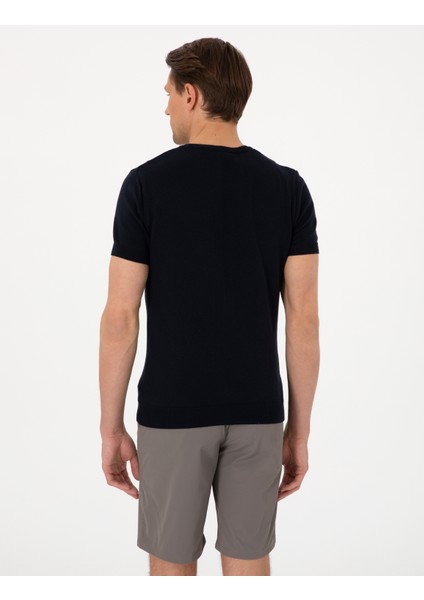 Erkek Lacivert Slim Fit Bisiklet Yaka Çizgili Triko Tişört 50307332-VR033