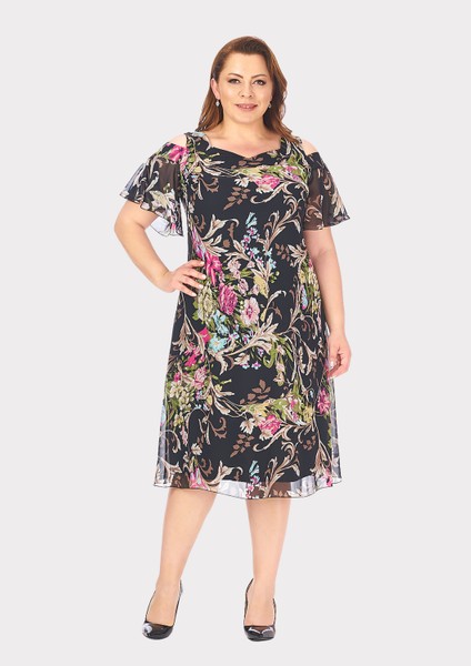 Büyük Beden Çalı Desenli Şifon Elbise