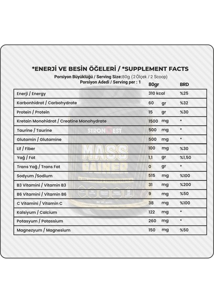 Mass Gainer 3600Gr Yüksek Protein Değerli, Kreatin ve Amino Asit Takviyeli