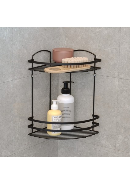 Teknotel 2 Katlı Lamalı Banyo Köşe Rafı - Siyah