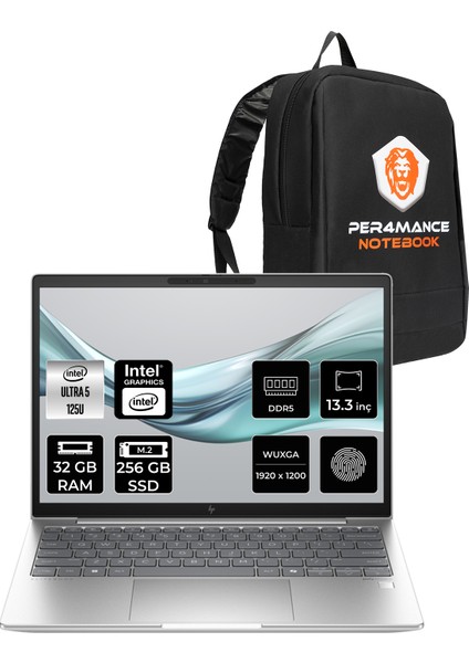 Elitebook 630 G11 Intel Core Ultra 5 125U 32GB 256GB SSD 13.3" Fhd+ Fdos Taşınabilir Bilgisayar & Per4 Çanta 9Y7R7ETPN316