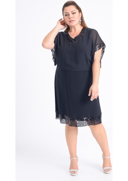 Büyük Beden Siyah Renkli V Yaka Şifon Elbise fiyatları