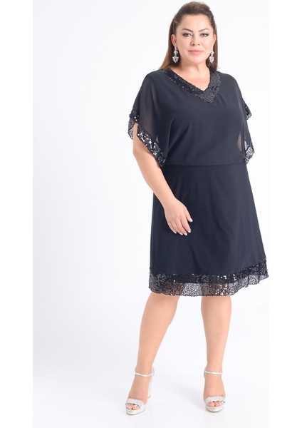 Büyük Beden Siyah Renkli V Yaka Şifon Elbise modelleri