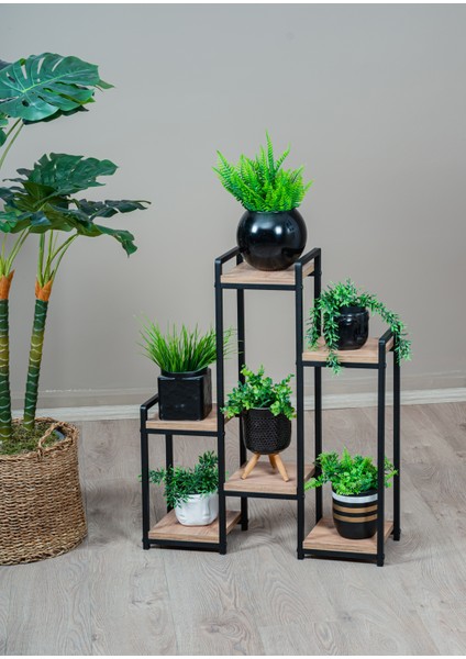 Uyanevürünleri Garden 6 Raflı Metal Çiçeklik Ahşap Raflı Siyah Metal Saksılık