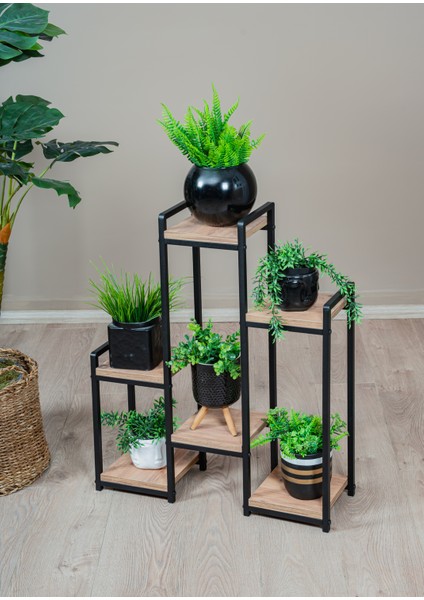 Uyanevürünleri Garden 6 Raflı Metal Çiçeklik Ahşap Raflı Siyah Metal Saksılık fiyatları