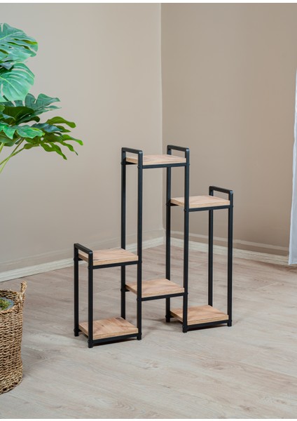 Uyanevürünleri Garden 6 Raflı Metal Çiçeklik Ahşap Raflı Siyah Metal Saksılık modelleri