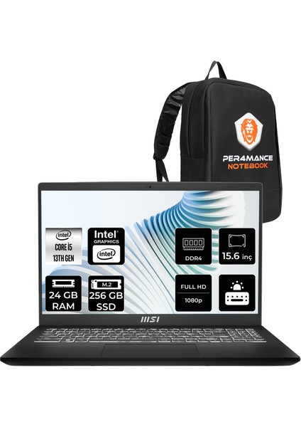 Msı Modern 15 H Intel Core I5 13420H 24GB 256GB SSD 15.6" Fhd Fdos Taşınabilir Bilgisayar & Per4 Çanta B13M268TRP321